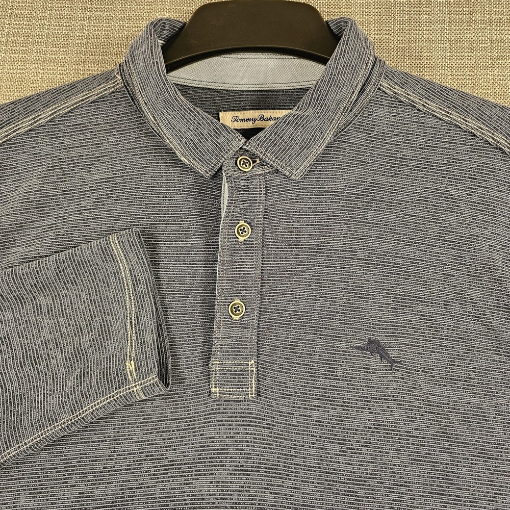 Tommy Bahama Polo Shirt Mens XL Blue Gray Long Sleeve Striped Embroidered Marlin